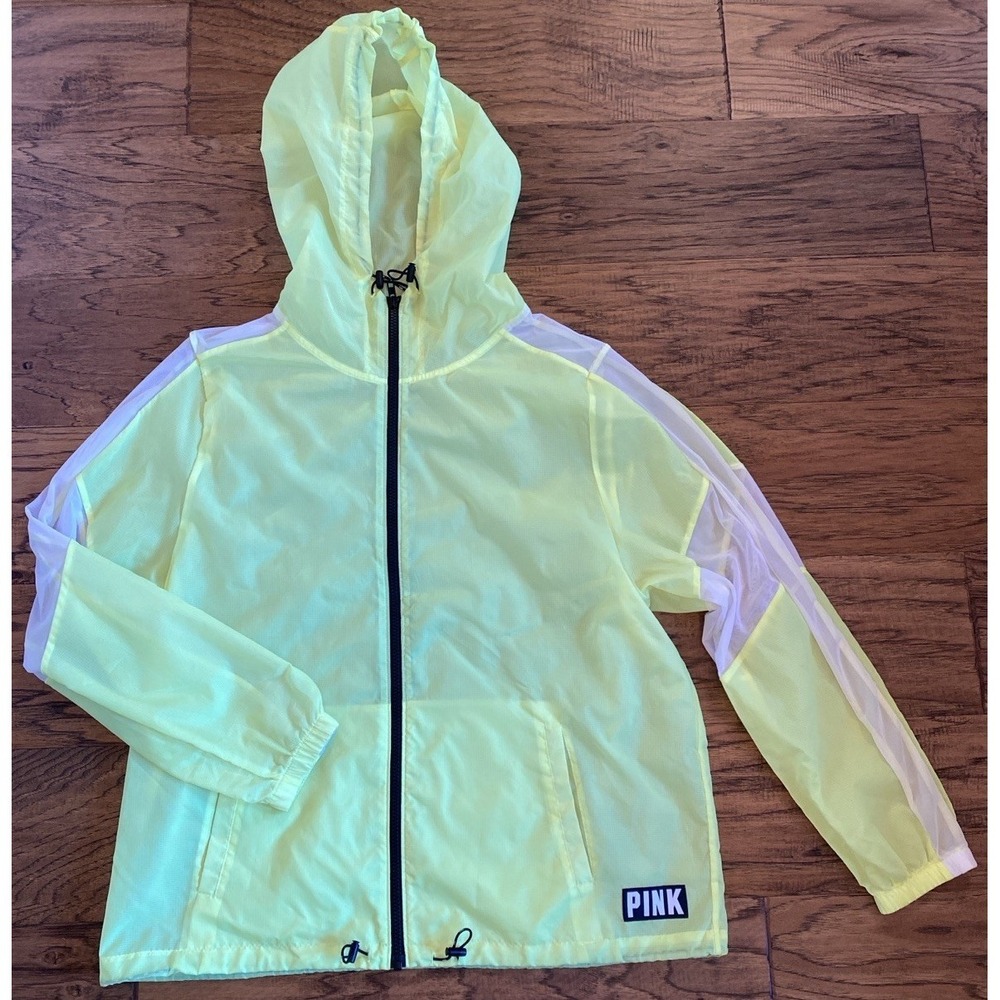 PINK Victoria Secret‎ Windbreaker Jacket Neon Yellow Mesh Hooded M Lightweight